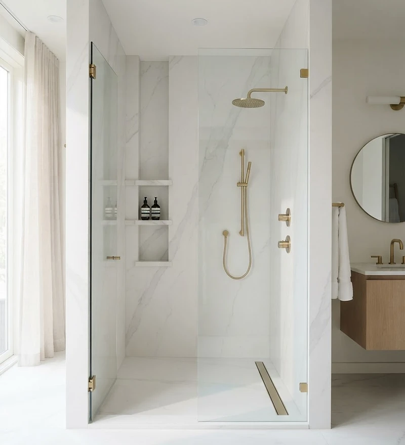Luxury walk-in shower with mitered marble tile installation by Dream Tiles, Inc. in Largo, FL
