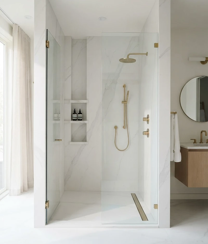 Luxury walk-in shower with mitered marble tile installation by Dream Tiles, Inc. in Largo, FL