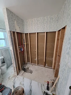 Shower enclosure gutted to wood studs and subfloor before rebuilding