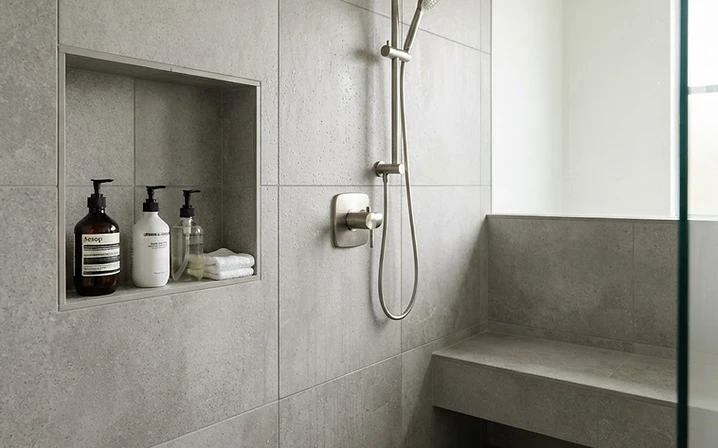 Walk-in shower with a recessed niche and large-format tile