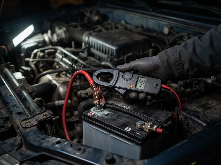 Vehicle battery terminal being tested with a clamp-on meter