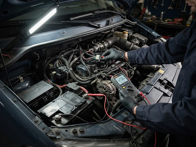 Light commercial van engine compartment electrical system being tested with diagnostic equipment