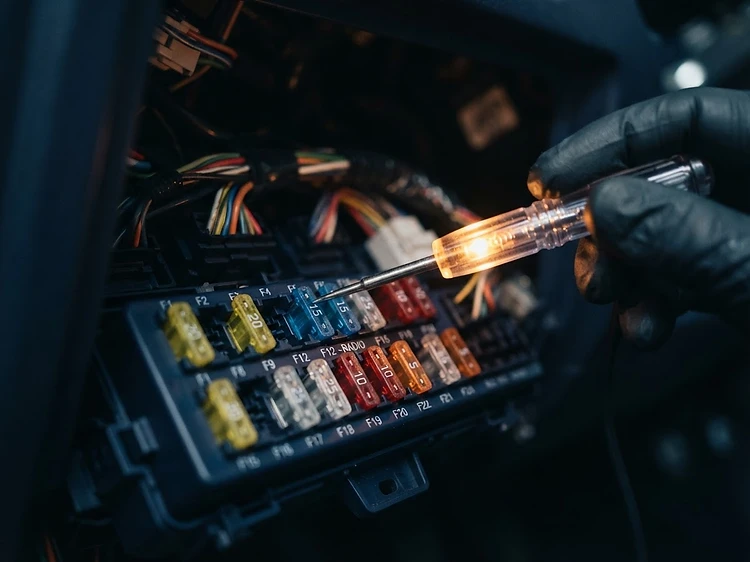 Vehicle fuse box being inspected with a test light during electrical diagnosis