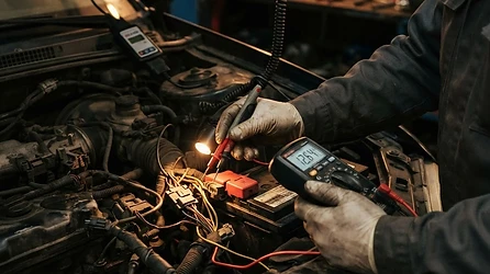 Auto electrician diagnosing a vehicle electrical fault with the bonnet open