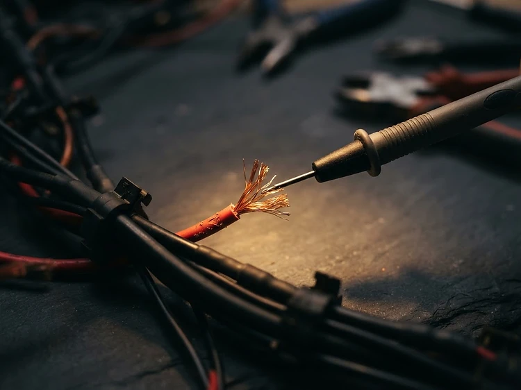 Close-up of copper wire strands being tested with a fine electrical probe