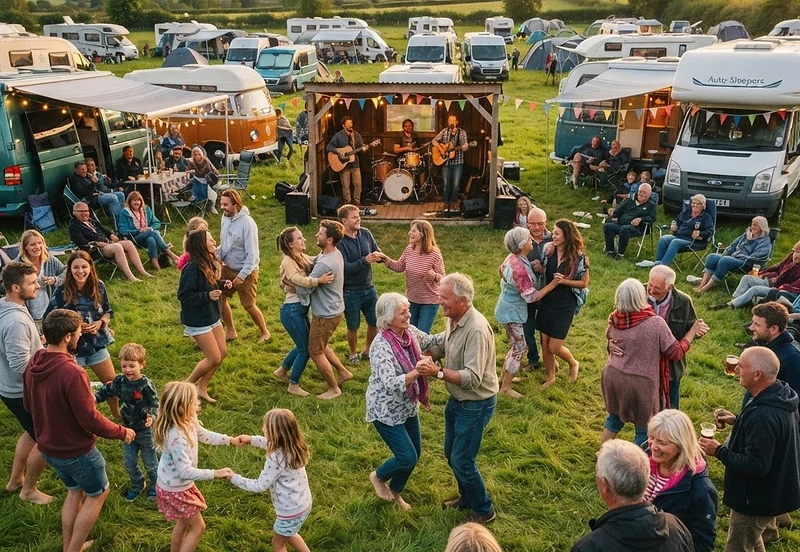 Motorhome owners gathered together at a Van Club rally at golden hour