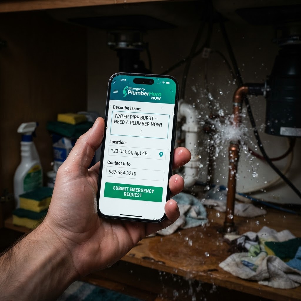 Posting an urgent plumber request near a burst pipe