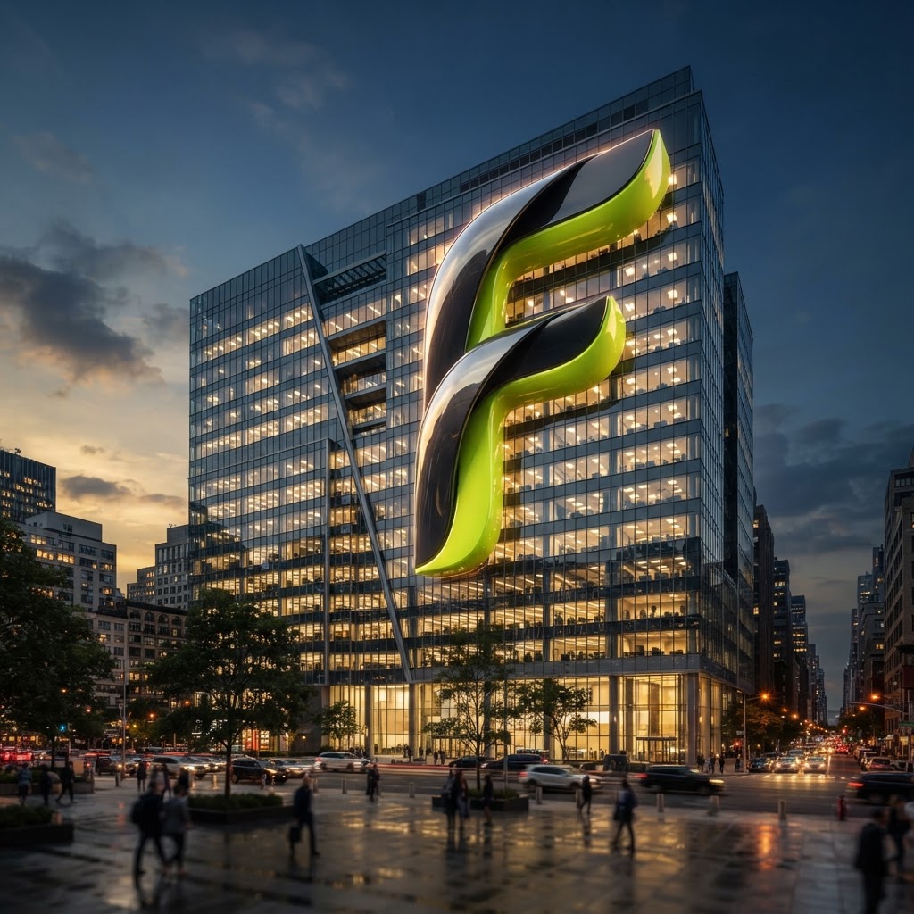 Glossy 3D ribbon letter F integrated as a structural facade element on a modern commercial office building at dusk