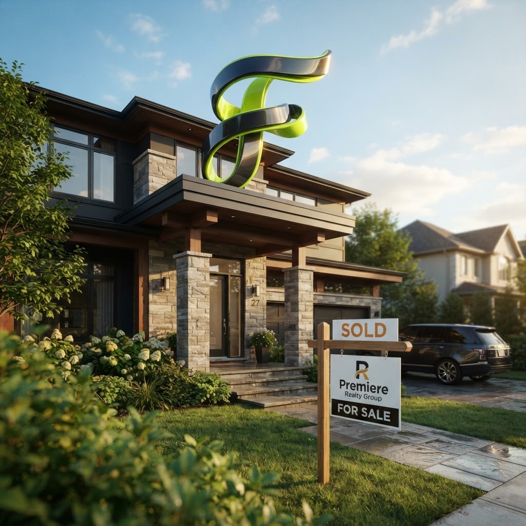 Glossy 3D ribbon letter F integrated as a structural element above a residential property entrance