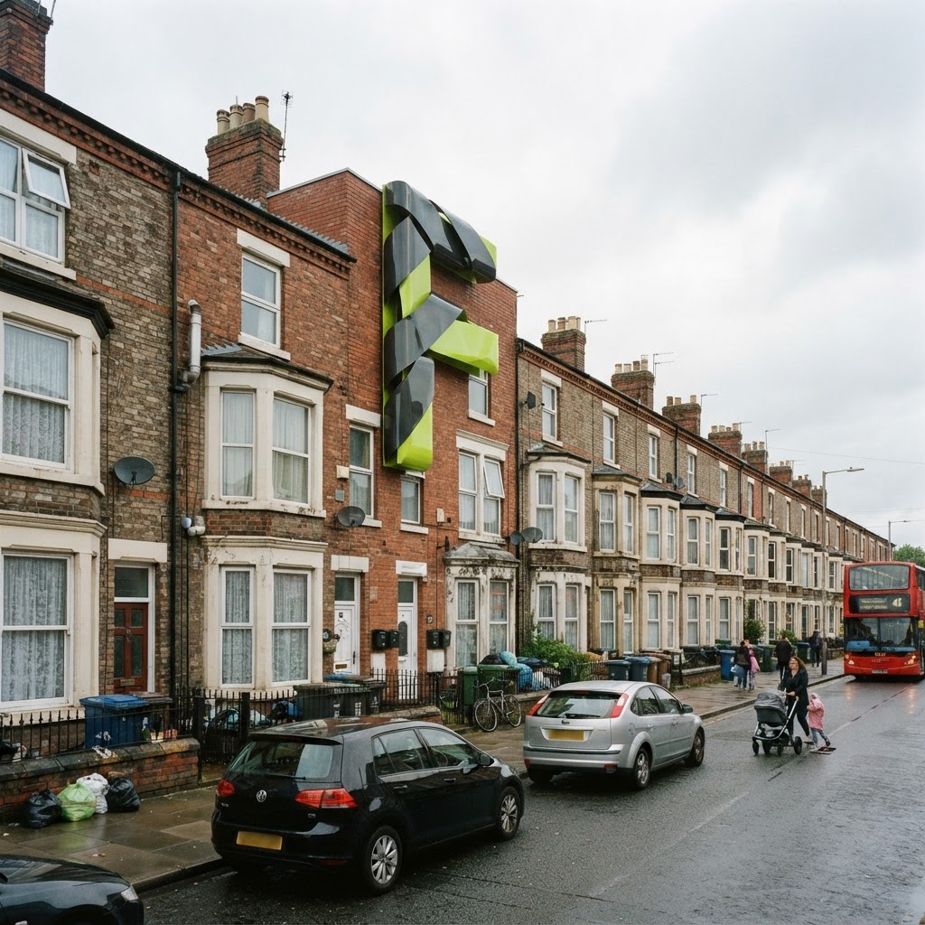 Glossy 3D ribbon letter F integrated as a structural cladding panel on a row of UK social housing terraced properties