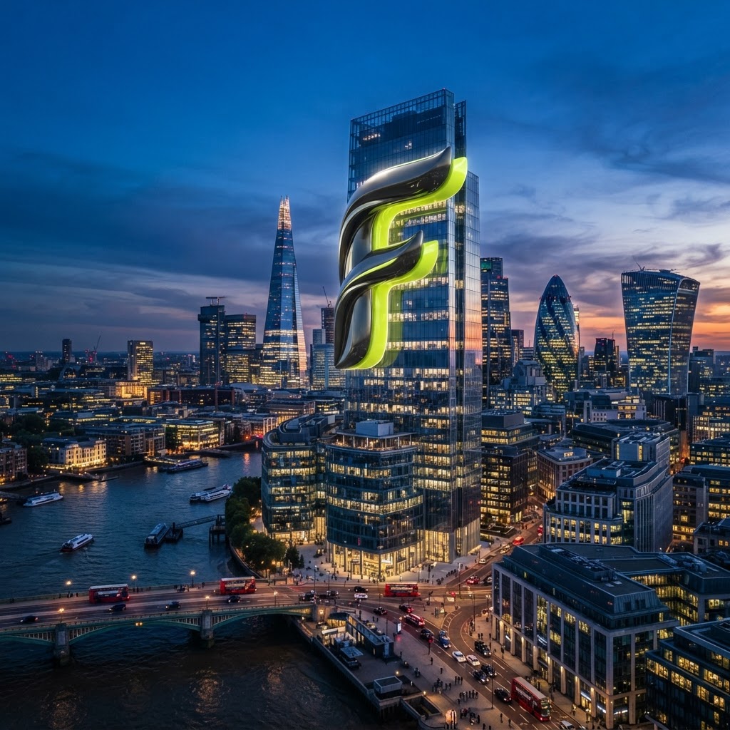 Glossy 3D ribbon letter F integrated as a structural element on a glass office tower in a UK financial district