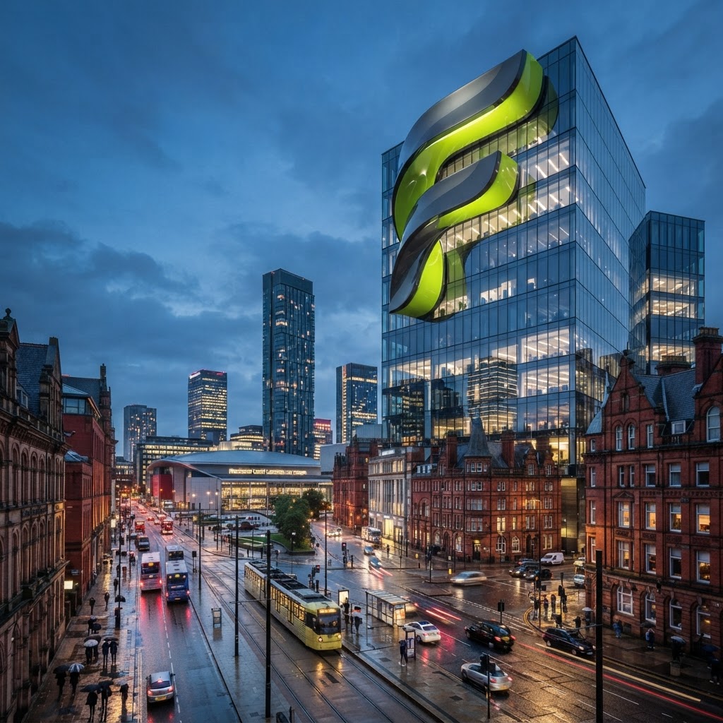 Glossy 3D ribbon letter F integrated as a structural architectural element on Manchester commercial premises at dusk
