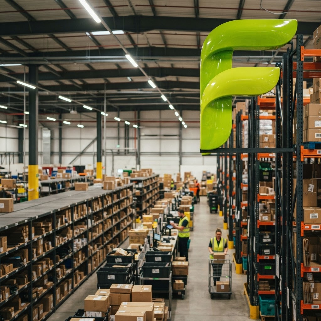 Glossy 3D ribbon letter F integrated into a modern e-commerce fulfilment warehouse interior