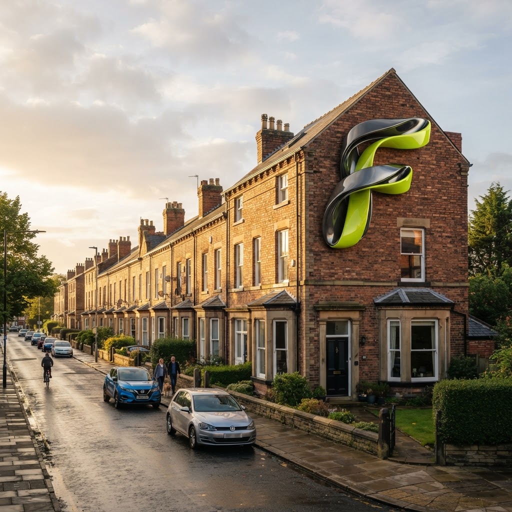 Glossy 3D ribbon letter F integrated as a structural element on a residential terraced house forming part of a property portfolio