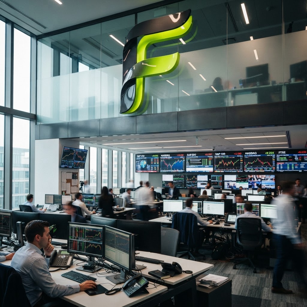Glossy 3D ribbon letter F integrated as a structural wall panel in a modern office with financial market screens