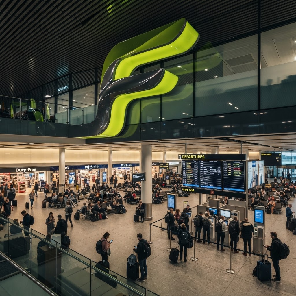 Glossy 3D ribbon letter F integrated as a structural element in a modern airport departure lounge with flight information boards
