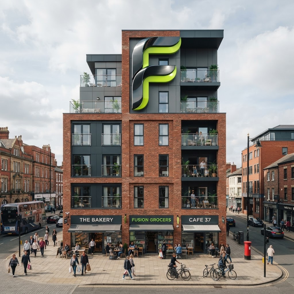 Glossy 3D ribbon letter F integrated as a structural architectural element on a semi-commercial mixed-use property facade