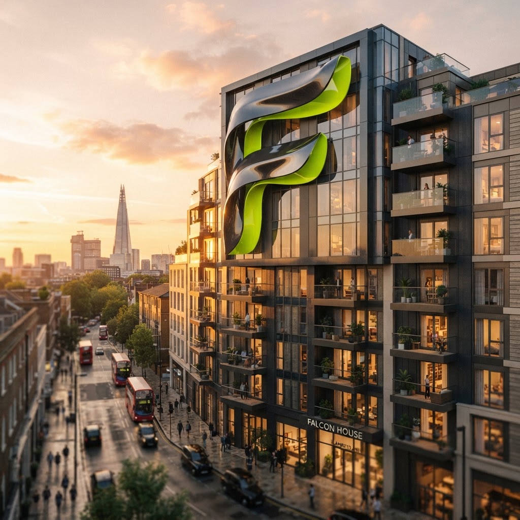Glossy 3D ribbon letter F integrated as a structural cladding panel on a modern London apartment building