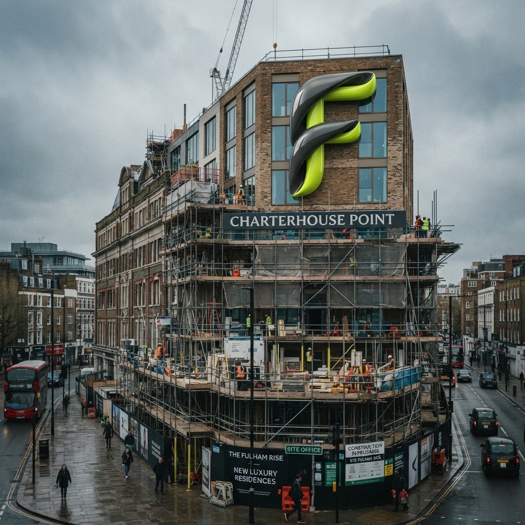 Glossy 3D ribbon letter F integrated as a structural element on a London building undergoing commercial-to-residential conversion