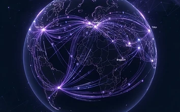Abstract illustration of crypto transaction data flowing between global financial nodes across a dark map