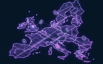 Abstract illustration of the EU MiCA regulatory framework with a glowing map of Europe and blockchain nodes