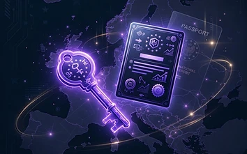 Abstract illustration of European crypto licensing with a glowing key and regulatory document over a dark map