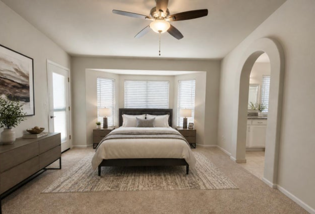 Digitally staged spacious master bedroom