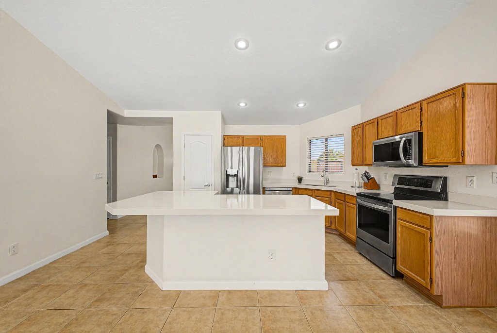 Open concept modern kitchen view