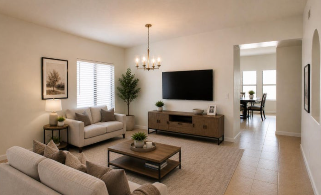 Digitally staged comfortable living room