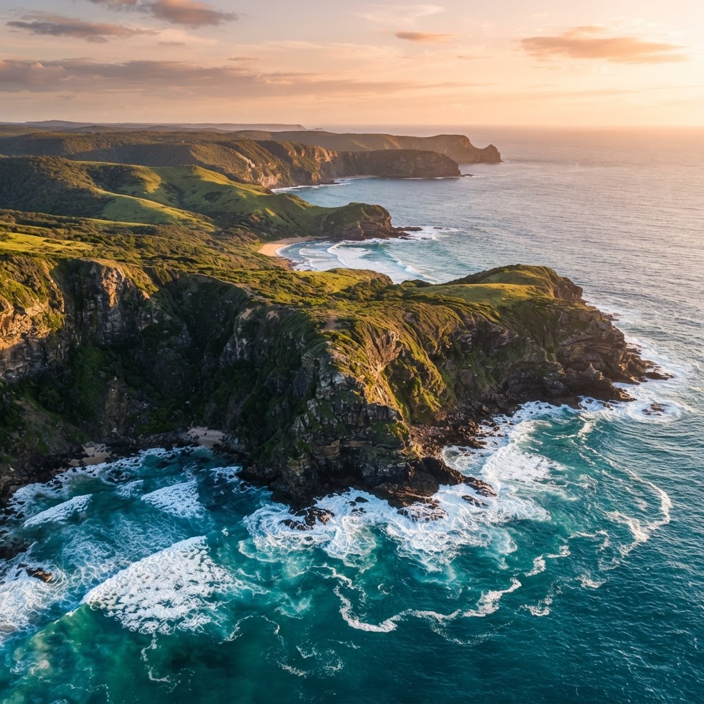 Paisagem aérea de drone — costeira ao pôr do sol
