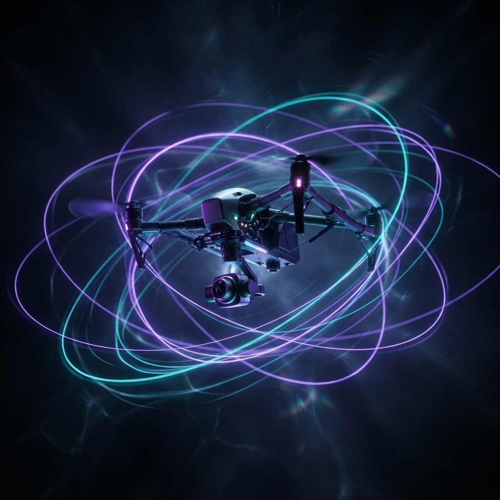 Drone de captação aérea em céu escuro com trilhas de luz
