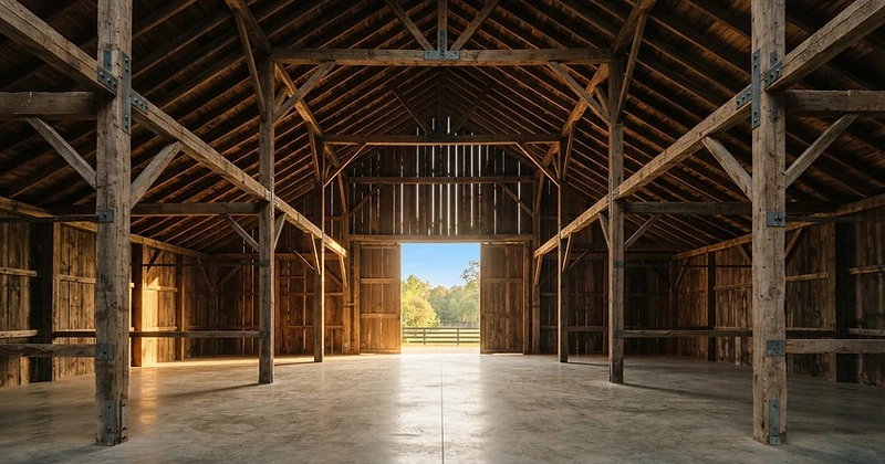 A pristine cleared Alabama barn in warm evening light