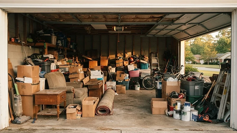 Cluttered garage before junk removal