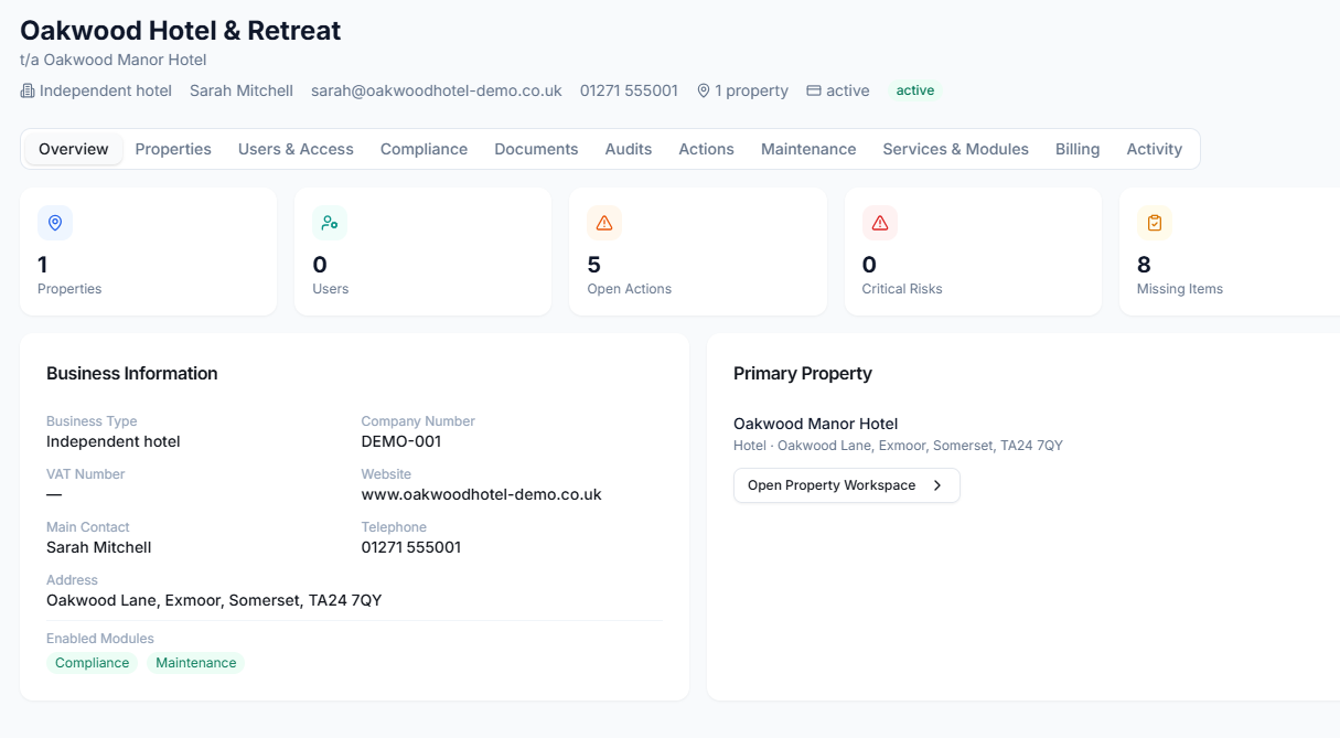 Your company dashboard with properties, open actions, critical risks and missing items.