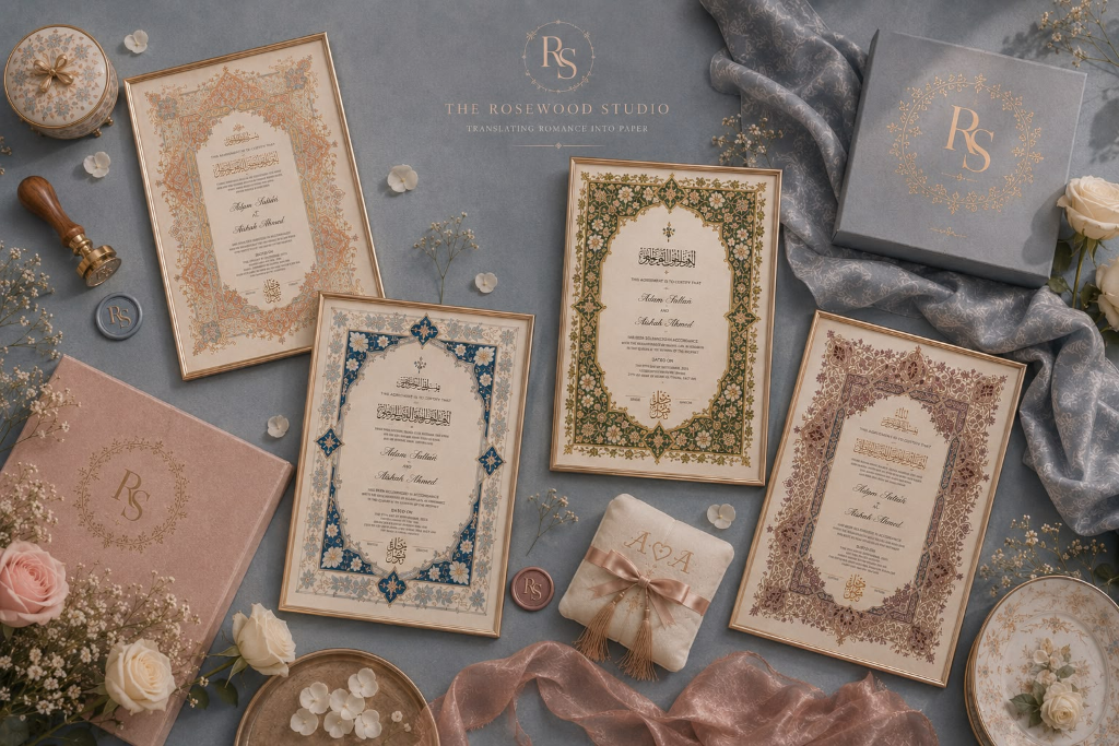 The Rosewood Studio flat lay of four framed Nikah certificates with wax seals, ring cushion and keepsake boxes