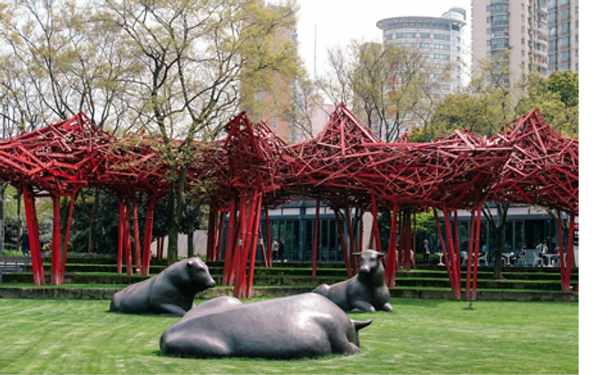 Jing'an Sculpture Park — bronze bulls and a sprawling red installation