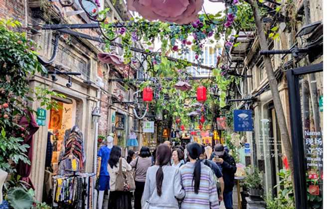 Tianzifang's historic lanes — narrow alleys, small shops and hanging lanterns