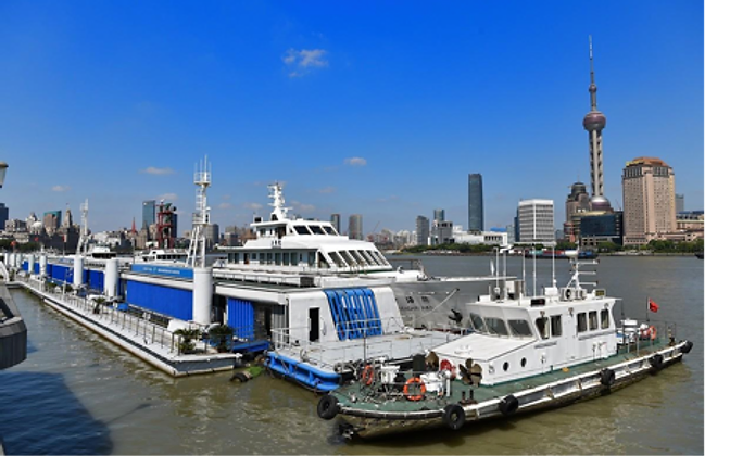 Shiliupu Waterfront — a ferry docked against the Pudong skyline