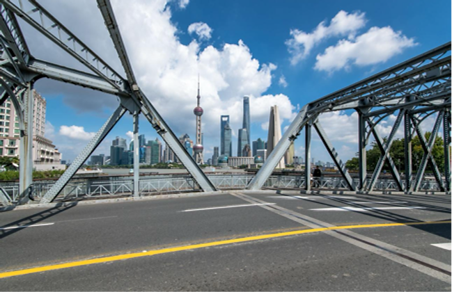 Waibaidu Bridge — steel trusses framing the Lujiazui skyline