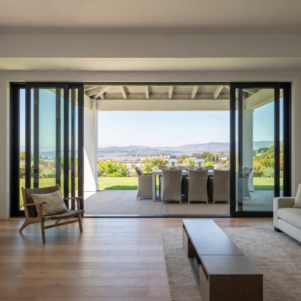Wide panoramic view through expansive sliding aluminum doors to patio