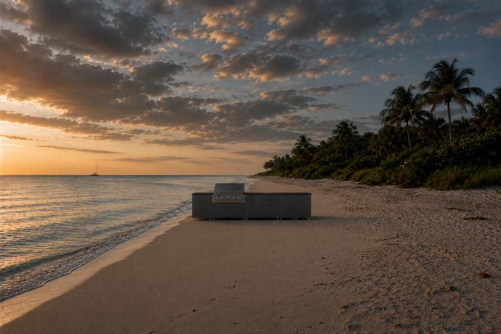 ALUNIQ aluminum outdoor kitchen on the beach at sunset