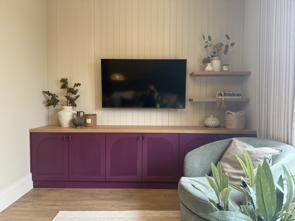 Fitted Furniture — Deep plum storage unit with fluted doors & floating shelves