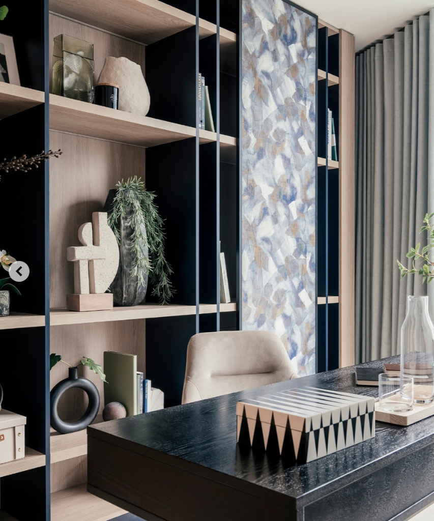 Bespoke Shelving Unit — Oak & navy with designer wallpaper panel