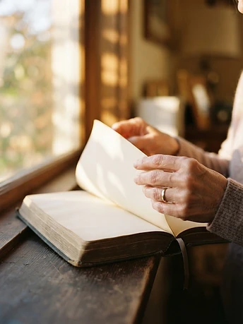 Hands turning a devotional page by a sunlit window