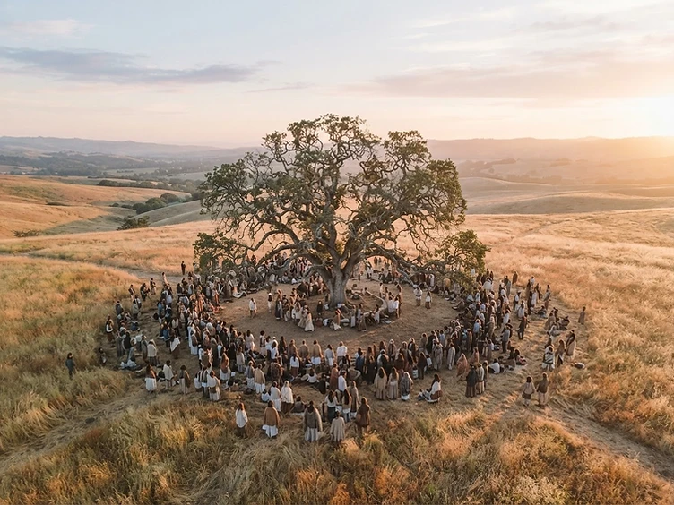 Community gathered under a tree at sunrise