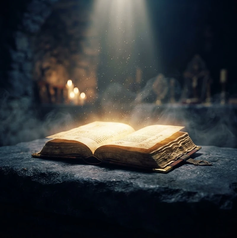An open devotional glowing with golden light