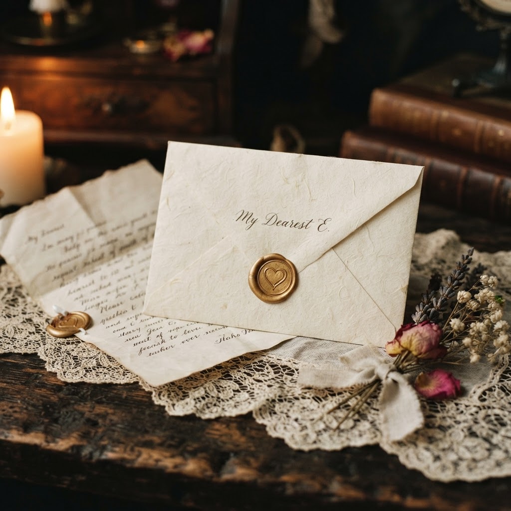 A sealed wedding day letter with a gold wax seal