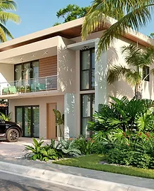 Two-story V3 villa exterior with private pool at Rancho Tania Residencia, Cabarete