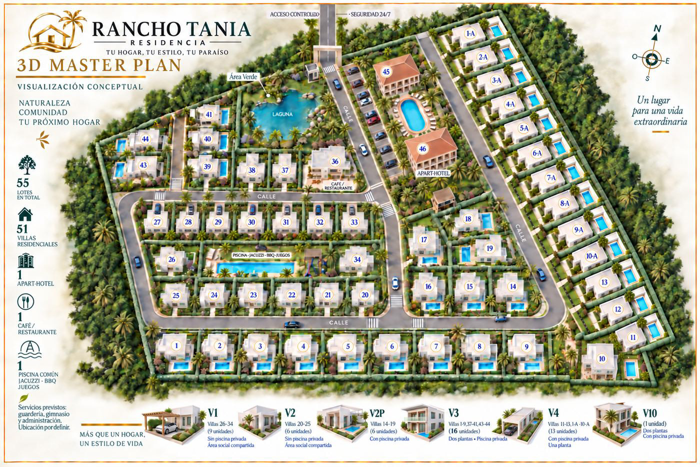 Rancho Tania Residencia 3D master plan, color-coded by villa model