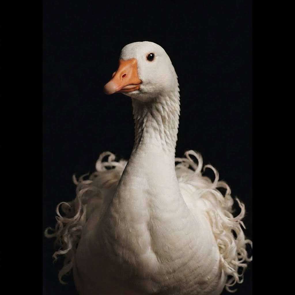 Close-up of a white Sebastopol Goose with long, ribbon-like curled feathers against a black background